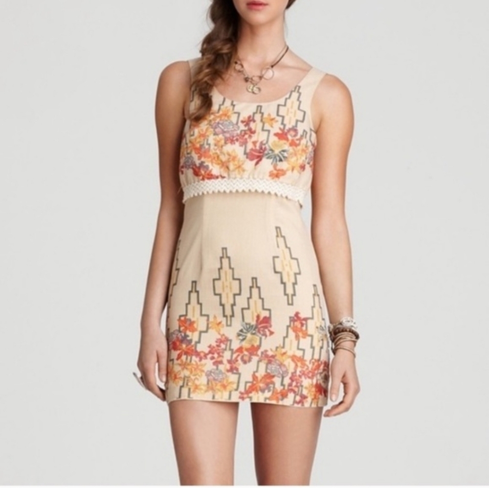 Free People Floral "The Big Bang" Metallic Aztec Mini Sleeveless Dress Size 6/Sm